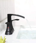 Two-Handle Waterfall Bathroom Faucet In Matte Black With Pop-Up Drain And Metal Supply Lines, water flowing into sink
