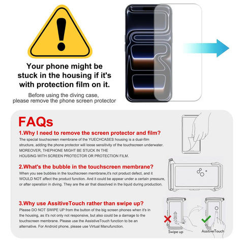Instructional graphic on using Fully Submersible Diving Phone Case With Full Touchscreen Access Dope Waterproof IPX8 Underwater Housing
