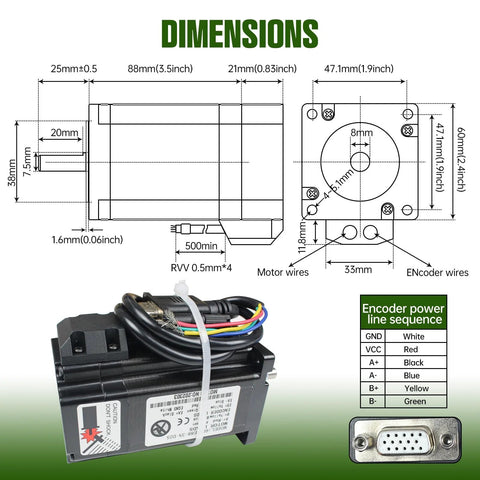 Black NEMA 24 closed-loop stepper motor with 60x60x88 mm, includes hybrid driver and encoder cables for CNC milling