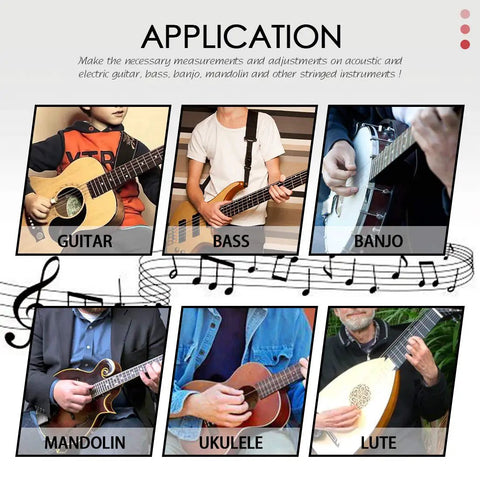 Application of 26 Piece Complete Guitar Repair Kit For Electric Guitar Bass Ukulele Mandolin Banjo With Tools shown on instruments