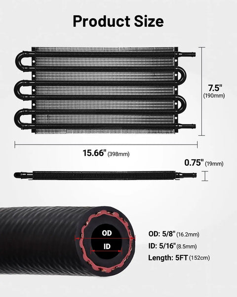 Universal Aluminum Transmission Cooler Kit With Six Pass Tube And Fin Design For Most Vehicles With Five Sixteenth Inch Lines Black Finish