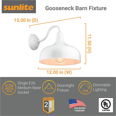 Gooseneck Rustic Barn Light Fixture Wall Mount White Finish, E26 Socket, A19 Bulb Compatible, 12 Inch Shade, Indoor Outdoor Use, Wet Location Approved, 60W Max, ETL Listed