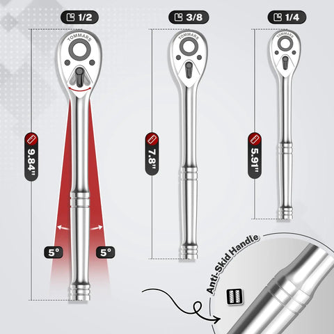 Top Shelf 3/8 Inch Drive Ratchet Wrench Crafted From Premium Chrome Vanadium Steel, 3/8 inch length with anti-skid handle.
