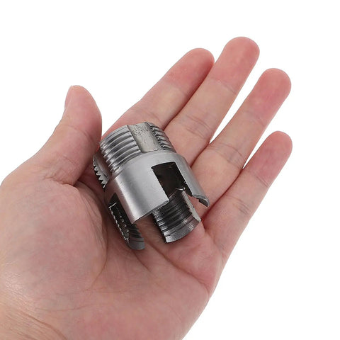 Hand holding Dual Function Pipe Threading Tool Set For Water Lines Internal And External Thread Cutter Built To Last Pro Grade Steel
