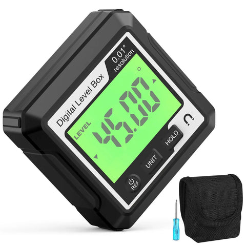Knockout Performance Digital Angle Finder With Heavy Duty Magnetic Base And Bright Backlit Lcd Display Functions As A Sleek Protractor Inclinometer Level Box For Dead On Accuracy, showing 45 degrees, portable design.
