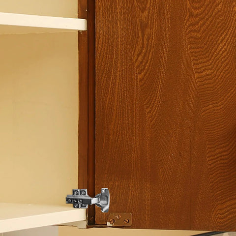 Heavy duty cabinet door hinges installed on kitchen wood cupboard for smooth and quiet operation, showing stainless steel build and durability.