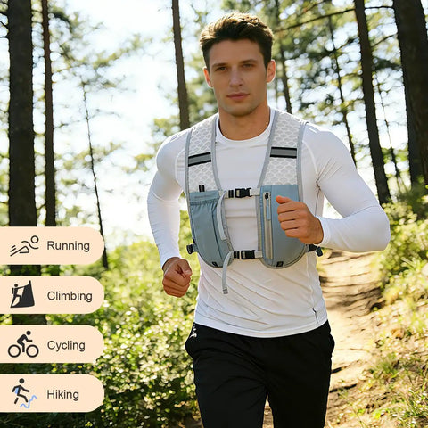 Man running on trail wearing Lightweight 5L Hydration Vest For Men And Women, Reflective Running Backpack With Adjustable Chest Straps