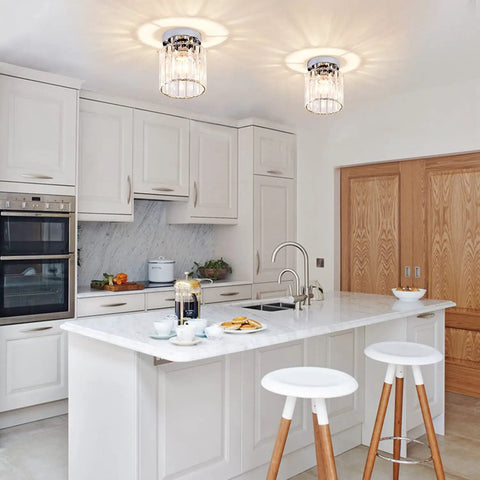 2 Pack Mini Semi Flush Mount Ceiling Lights With Clear Shade, Modern Crystal Ceiling Lamps for Indoor Use in a bright kitchen.