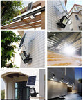 Built Tough Solar Led Flood Light With Wireless Dimmable Remote And Ip66 Waterproof Housing mounted on wall with solar panel.