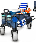 Beast Heavy Duty Beach Wagon With 9x4 All Terrain Sandproof Wheels, 300L Oversized Foldable Cart And Side Bag in navy, fully loaded with beach gear.