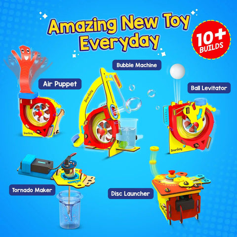 Motor Powered 10 In 1 STEM Kit for Kids with air puppet, bubble machine, ball levitator, tornado maker, and disc launcher.