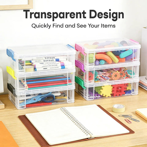 Big Ol Extra Large Clear Pencil Box For Crayons, Markers, And Art Supplies stackable storage on desk, organized with art tools