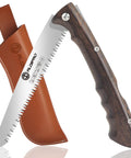 Seven Inch Folding Hand Saw With Wenge Wood Handle And Premium Leather Sheath, Heavy Duty SK5 High Carbon Steel Blade