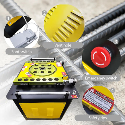 Shop Grade 220V Rebar Bender Machine with foot switch, emergency switch, and vent hole for safe hoop bending.