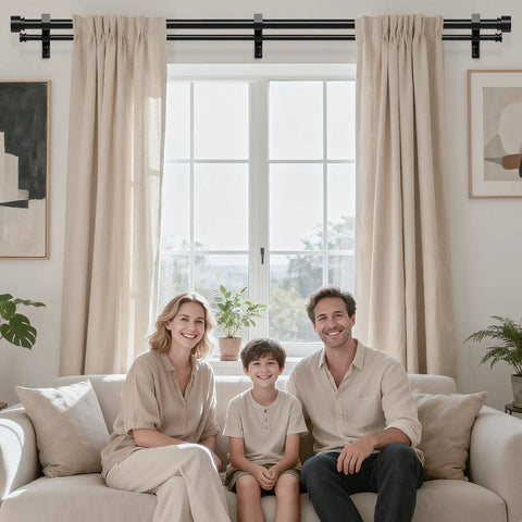 Family in living room with Double Curtain Rod For Windows 84 To 120 Inches Black 1 Inch Adjustable Heavy Duty Drapery Rod