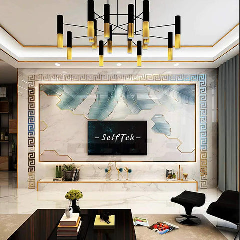 DIY Mirror Stickers 60Pcs Removable Adhesive Wall Decals creating geometric Greek key pattern in modern living room art decor