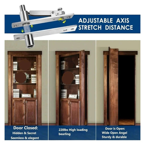 360 Degree Heavy Duty Pivot Hinge for Hidden Doors and Bookshelves, stainless steel invisible hardware, shown installed on wood door