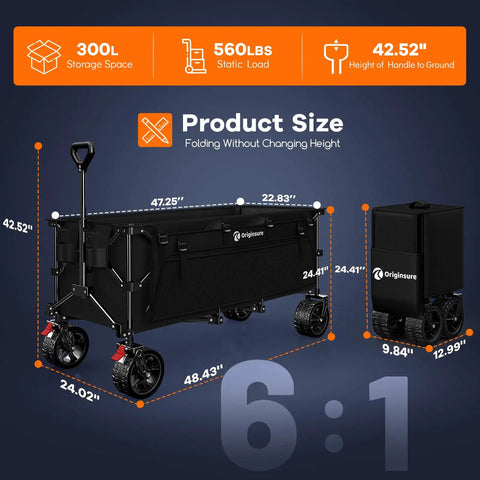 Heavy Duty 48 Inch Collapsible Wagon Cart With 560 Lb Capacity And 300L Storage, All Terrain Wheels, Foldable Beach Utility Wagon, Black