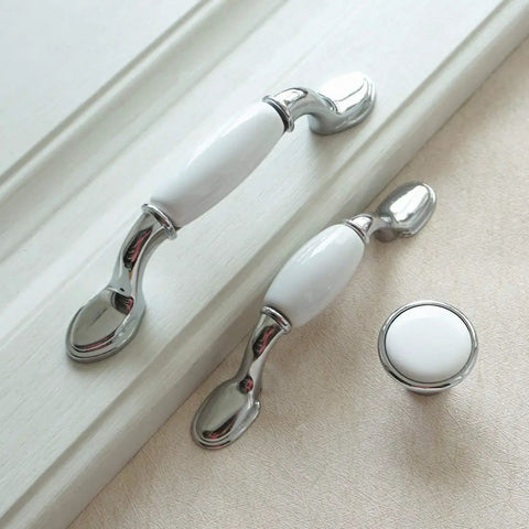 Fresh White Ceramic Cabinet Knobs And Drawer Pull Handles With Sleek Silver Trim Durable Zinc Alloy Hardware That Hits Different For Stylish Kitchens And Bathrooms Featuring Smooth Rounded Profiles