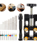 Hand Drill Jewelry Punch Tool Kit with pin vise, PCB drill bits, and black clamp for DIY jewelry making and small craft projects.
