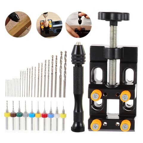 Hand Drill Jewelry Punch Tool Kit with pin vise, PCB drill bits, and black clamp for DIY jewelry making and small craft projects.