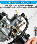 All-In-One Pro-Grade Carburetor Cleaning Kit With 13 Stainless Steel Wires for cleaning carburetor, shown with tool in use.