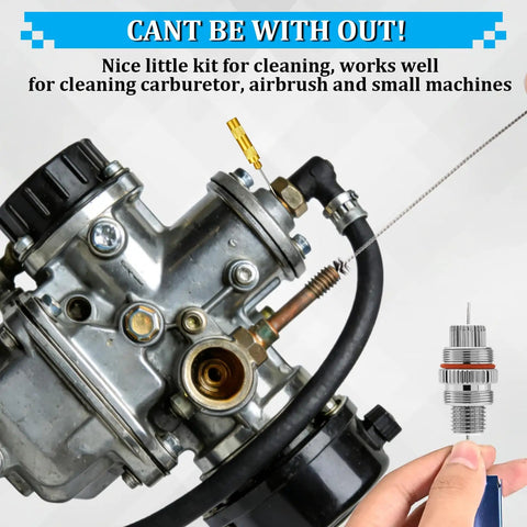 All-In-One Pro-Grade Carburetor Cleaning Kit With 13 Stainless Steel Wires for cleaning carburetor, shown with tool in use.