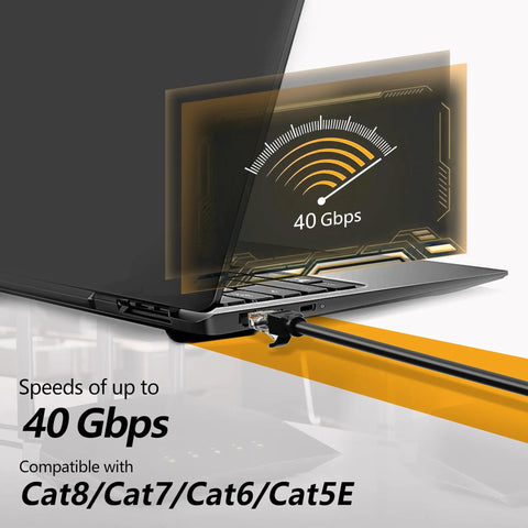 Laptop connected with Tough As Nails Outdoor 50 Ft Cat6 Cat5E Ethernet Cable 24AWG Direct Burial, showing 40Gbps speed compatibility.