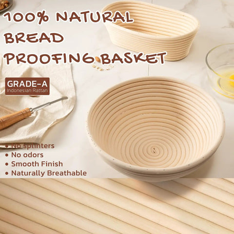 All In One Sourdough Starter Kit With Round And Oval Banneton Baskets Bread Sling Starter Jar Dough Whisk Scrapers Stencils Cooling Rack Bags And More For Easy Pro Level Home Bread Baking, featuring natural rattan banneton baskets.