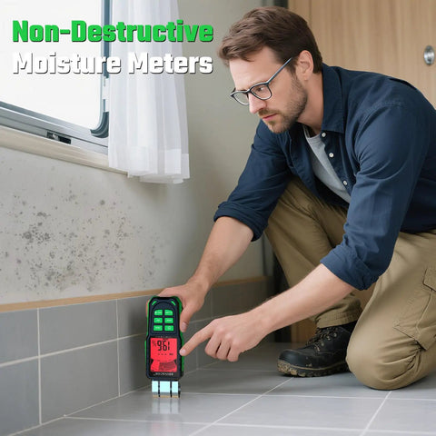 No Sweat Pinless Moisture Meter For Scanning Wood Drywall And Concrete Without Holes Or Marks Working As A Non Invasive Digital Leak Detector Catching Wall Drip Early in use measuring moisture on tile.