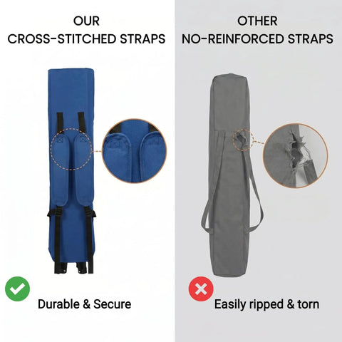 Comparison of cross-stitched blue straps and torn gray straps for Heavy Duty Oversized Portable Canopy Camping Chair With Sunshade 380 Lb Capacity Folding Lawn Chair For Beach Fishing Sports Outdoors Weather Resistant Built For Big And Tall Comfort