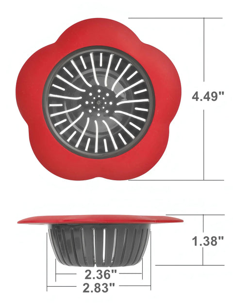 Top view and side view of red silicone kitchen sink strainer from Colorful Silicone Kitchen Sink Strainers Set Of 4 With Large 4.5 Inch Wide Rim No Fuss Rustproof And Easy To Clean Multicolor Creative Patterns Durable Plastic Alternative To Metal Sink Strainers For Home Kitchen