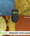 Pro200 Ultrasonic Tank Level Sensor with Bluetooth and Wired Connectivity, shown with liquid samples for water, diesel, oils, beverages