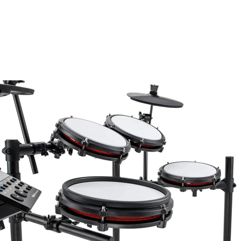 8 Piece Electronic Drum Kit With Quiet Mesh Heads For Beginners 10 Inch Dual Zone Snare Three 8 Inch Mesh Toms Kick Pedal Bluetooth USB MIDI 440 Plus BFD Drum Sounds Drumeo Ready shown from left angle