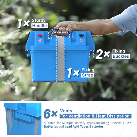 Kickass Portable Battery Box For Group 24 27 Or 31 Batteries Featuring Chill Plug In 12 Volt Outlet Slots, showing sturdy handle and fixing strap.