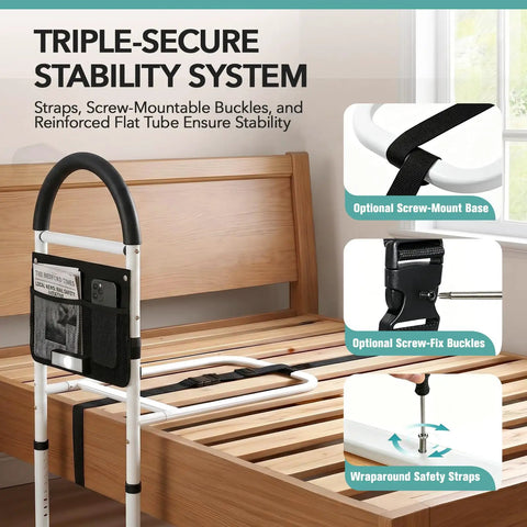 Senior Bed Rail With Adjustable Height And Light Pocket, Tool Free Setup, 350 Lb Capacity, Iron Aluminum Frame, shown with stability straps