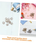 Collage of Mini Alloy Belt Buckles Set For Doll Clothes And Tiny Belts, 150 Pcs Small Single Prong Fasteners in crafting setup