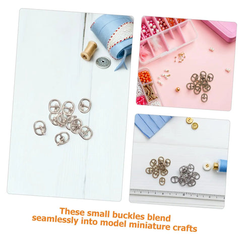 Collage of Mini Alloy Belt Buckles Set For Doll Clothes And Tiny Belts, 150 Pcs Small Single Prong Fasteners in crafting setup
