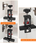 Cabinet Door Mounting Jig With Adjustable Positioner And Drill Jig 2-In-1 Cabinet Hardware Tool shown installed on cabinets