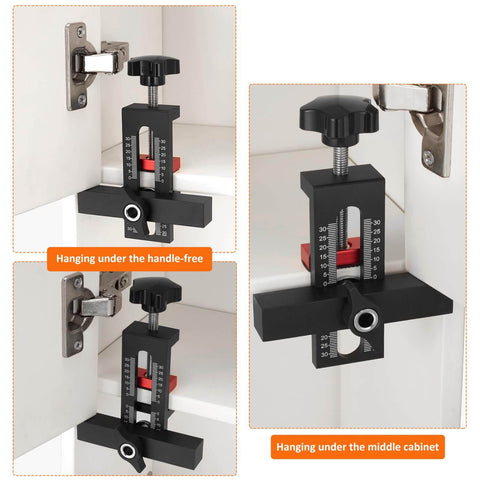 Cabinet Door Mounting Jig With Adjustable Positioner And Drill Jig 2-In-1 Cabinet Hardware Tool shown installed on cabinets
