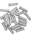 Aluminum Bike Cable End Caps Set Of Twenty For Brake And Shift Cables Durable Alloy Terminal Covers laying scattered on a white background