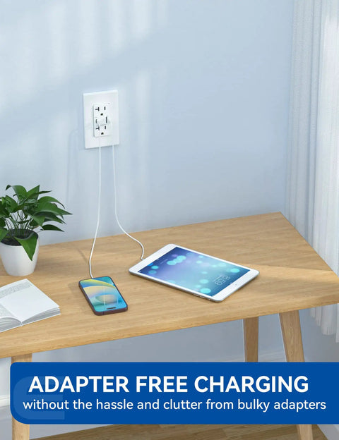 Dual USB C and USB A Wall Outlet With 20W Fast Charge Power Delivery 20 Amp Tamper Resistant Receptacle UL Listed in use