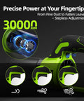 Cordless Leaf Blower With Three 21V Batteries And Fast Charger for continuous power and variable speed control display