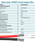 Specification table for Beefed Up Solar Panel Extension Cable 3ft 10AWG XT60i with tinned copper wire and PVC jacket