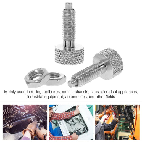 Heavy Duty Stainless Steel Spring Plungers Two Pack With Knurled Handle For Quick Snap Locking No Sweat Self Retracting Pins, shown with nuts.