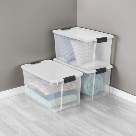 Ultra Latch 70 Quart Storage Bins With Lids 4 Pack For Home Office Garage Heavy Duty Plastic Tote Organizer Set Stackable Clear Containers For Long Lasting Organization In Closets Attics Moving And Seasonal Storage