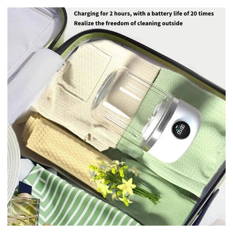 No Strings Attached Cordless Portable Washing Machine, Quiet And Slick Mini Washer For Dorms And RVs inside a suitcase with clean towels.