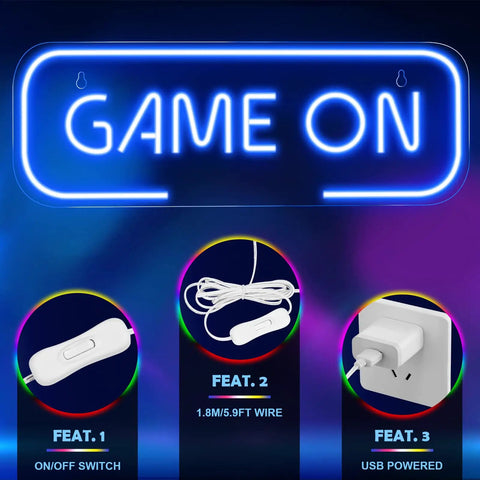 Lit Gaming Neon Sign Blue LED Wall Decor for Game Room Setup, USB powered with on/off switch and 5.9ft wire.