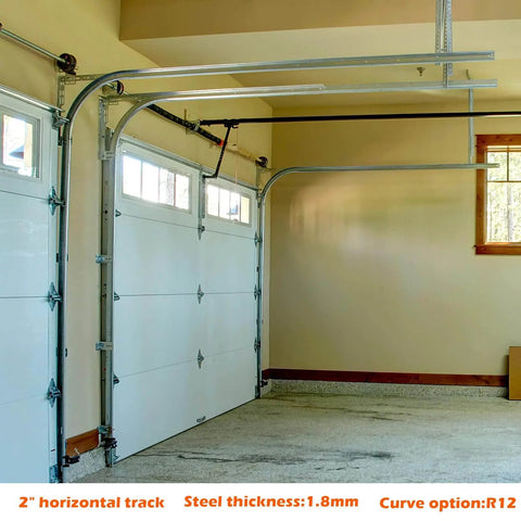Built To Last 1.5mm Steel R12 Horizontal Garage Door Tracks For 7 Foot Doors 2 Inch Rail Pair installed view in a garage