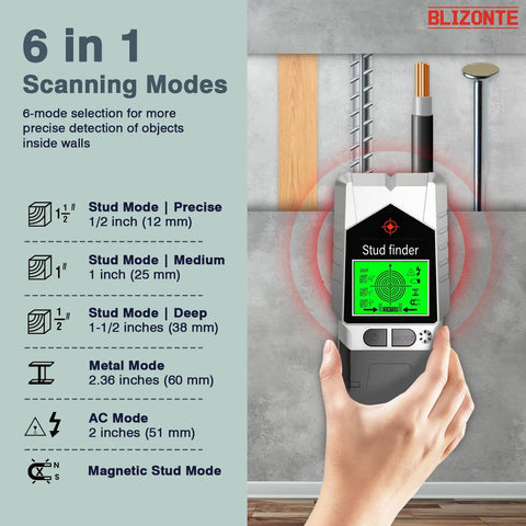 Pro Grade Six In One Wall Scanner With Dead On Detection For Wooden Joists AC Wiring Copper Tubing And Steel Studs Paired With Bright Led Lights And Crisp Audio Alerts To Keep DIY Renos Straight On Track Without Any Sweat Or Second Guessing